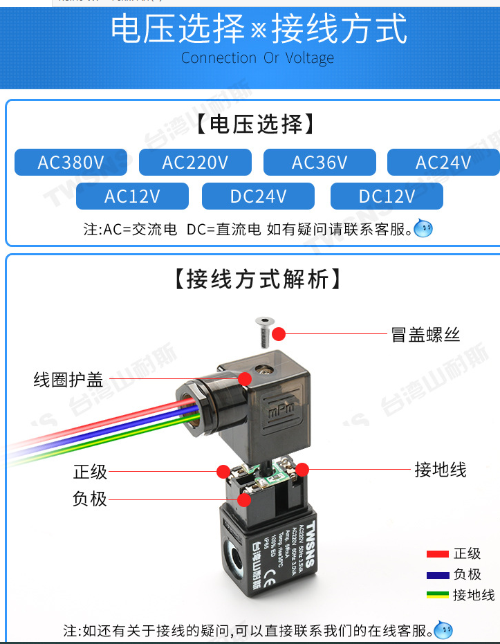 台湾山耐斯TWSNS电磁阀电压选择与接线方式